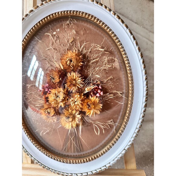 Vintage French Dried Flower Art | Oval Glass Dome Frame |1970s Pressed Floral - Picture 2 of 3